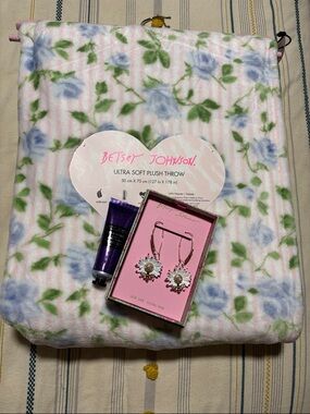 Betsey Johnson Bundle— Plush Throw, Earrings, and Lotion